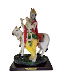 Est�tua Krishna com Vaca 33cm