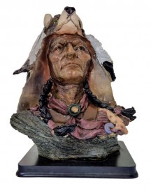 Estátua Índio Xamã Busto com Lobo 24cm