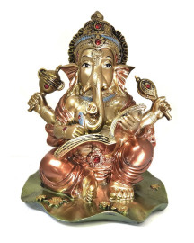 Est�tua Ganesha com Livro 23cm Bronzeado
