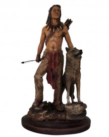 Estátua Índio Xamã com Lobo 38cm