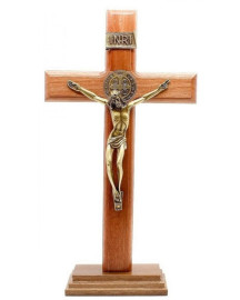 Crucifixo Madeira Jesus Cristo de Bronze com Pedestal 23cm