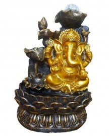 Fonte de �gua Ganesha Sentado Na Flor De L�tus Dourado 40cm