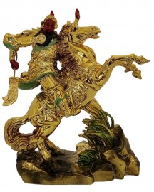 Esttua Kwan Kung com Cavalo 21cm Dourado