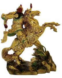 Est�tua Kwan Kung com Cavalo 21cm Dourado