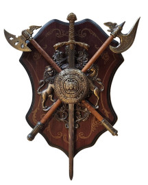 Enfeite Parede Medieval Bras�o Machado e Espada