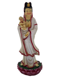 Est�tua Kuanyin com Crian�a 12cm Branco