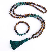 Japamala e Pulseira Pedra Olho de Tigre com Turqueza Africana 108 Contas