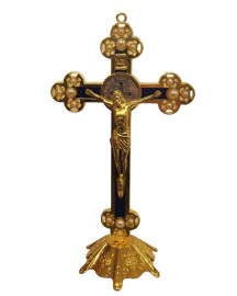 Crucifixo De Metal Jesus Cristo Dourado Perolado Escudo Prateado Grande De Mesa e Parede 22cm